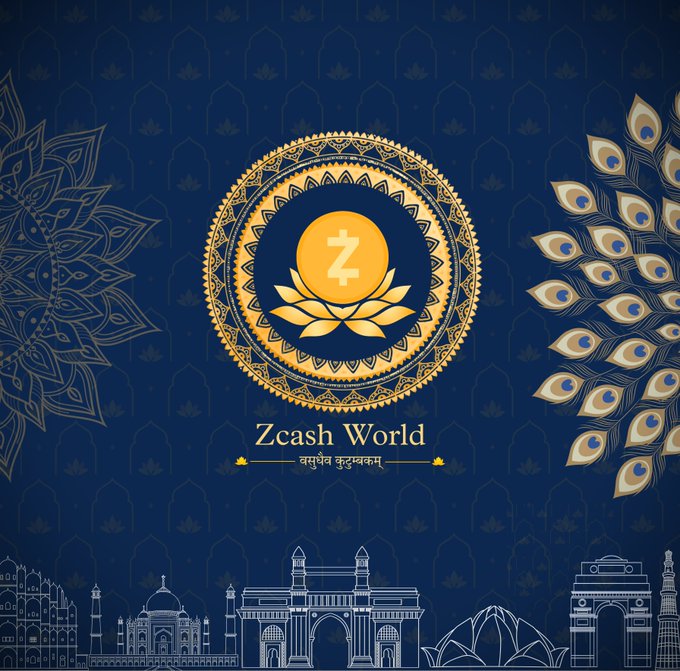 A promotional graphic for "Zcash World" features a central gold mandala with the Zcash logo (a "Z" above lotus leaves), framed by peacock feathers and Indian architectural silhouettes against a deep blue patterned background, with the tagline "Zcash World" in English and Devanagari script. The design blends traditional Indian motifs with the Zcash brand, promoting the immersive crypto experience tied to Devcon week in Mumbai.