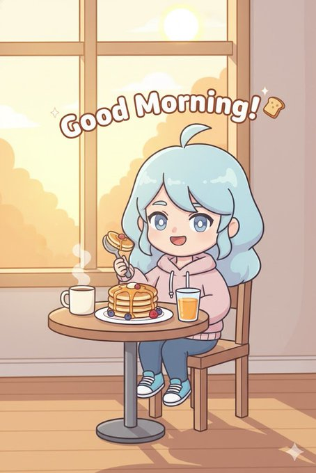 An anime-style illustration shows a light blue-haired girl sitting at a cafe table with pancakes, coffee, and orange juice, with the text 'Good Morning!' displayed above her.