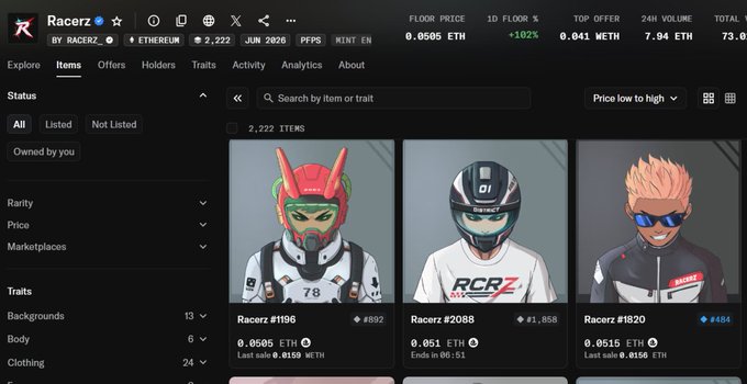 A screenshot of the Racerz NFT marketplace on Ethereum showing 2,222 items with a floor price of 0.0505 ETH, displaying three character avatars including Racerz #1196, #2088, and #1820.