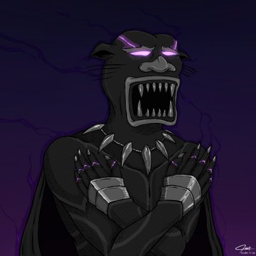 A digital illustration of the Black Panther character in a snarling pose with glowing purple eyes and claws crossed against a dark purple background.