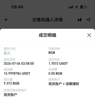 Mobile transaction details screen (in Chinese) showing a successful buy order for 15.9998784 USDT of BGB at a price of 1.7072 USDT, dated 2026-07-06.