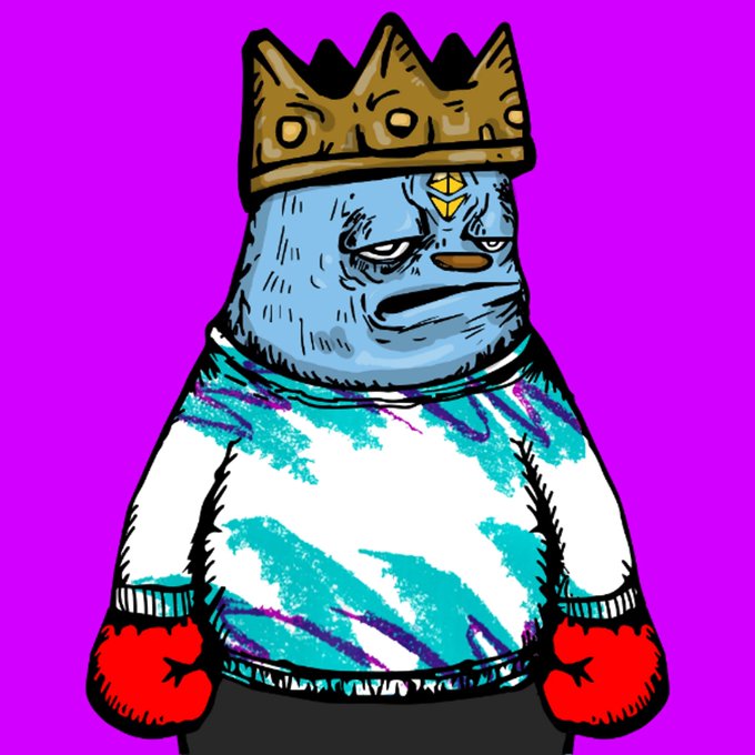 A cartoon character features a blue feline face with a crown and forehead gem, wearing a white and teal patterned sweater and red boxing gloves against a purple background.