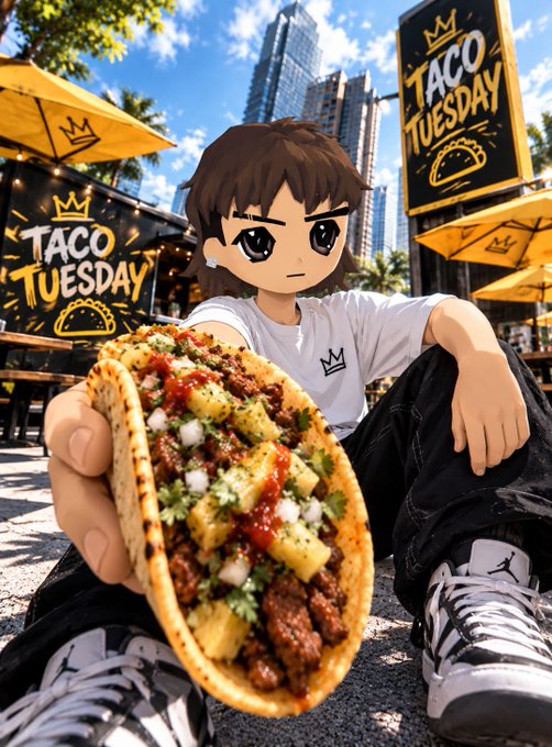 Anime-style illustration of a brown-haired girl holding a large street taco at a Taco Tuesday outdoor eatery with yellow umbrellas and city skyscrapers in the background.