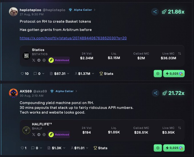 The image shows two user posts on what appears to be a crypto platform, where "Alpha Callers" heplotepio and aks69 share bullish theses on tokens $STATS (24 Vol: $2.34M, Live MC: $36.03M) and $HALF (24 Vol: $194, Live MC: $3.95K) respectively, with both posts tagged on Robinhood. This illustrates the platform's feature where users can write investment theses on tokens—matching the post's description of finding alpha through community-shared token analyses and earning rewards when others trade based on those theses.