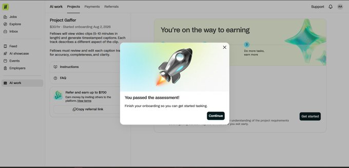 The image shows a Handshake platform notification confirming the user has passed the "Project Gaffer" assessment ($0.10/clip, started Aug 2, 2021) on their first attempt, with a prompt to continue onboarding to start earning. This visual evidence directly supports the post's claim of successfully passing the Project Gaffer assessment and reinforces the user's offer to help others with their Handshake assessments or account management.