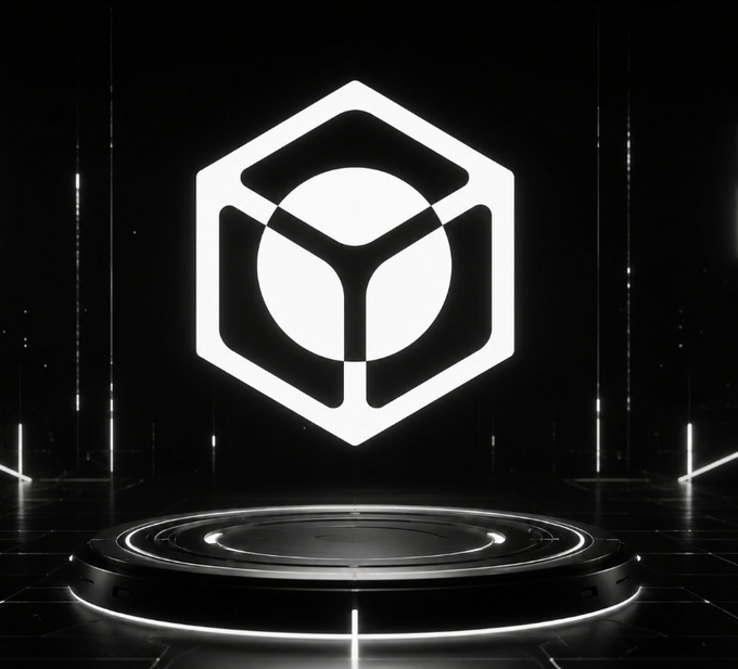 A glowing white hexagonal logo featuring an internal geometric sphere design, displayed on a futuristic circular stage in a dark setting.