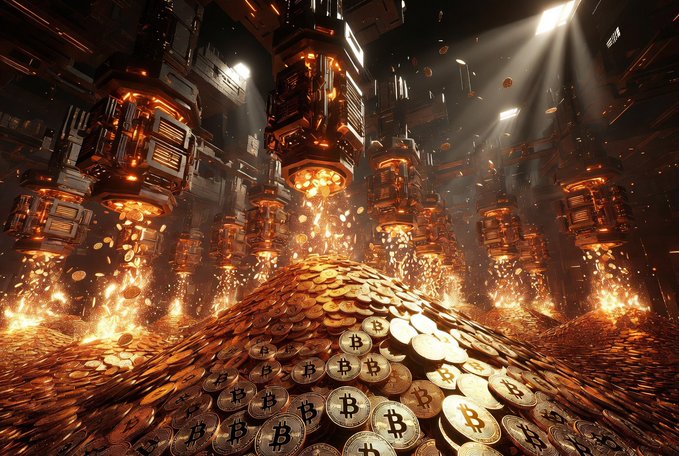 A 3D rendered image of a massive pile of Bitcoin (BTC) coins beneath towering futuristic industrial structures with glowing orange elements.