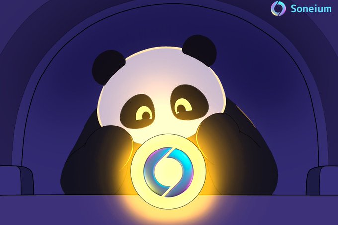 An illustration shows a panda in a dark cave holding a glowing yellow Soneium (S) coin, with the "Soneium" logo in the top right corner.