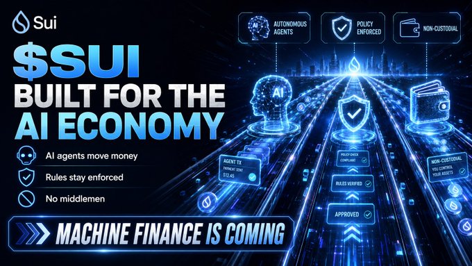 A promotional graphic for the Sui ($SUI) blockchain stating 'BUILT FOR THE AI ECONOMY' with features 'Autonomous Agents', 'Policy Enforced', and 'Non-Custodial', tagged 'MACHINE FINANCE IS COMING'.