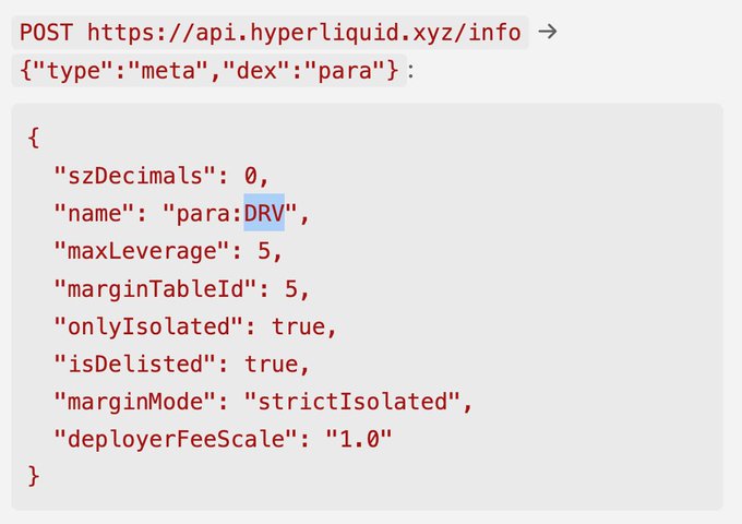 A Hyperliquid API query response showing metadata for the paraDRV perpetual contract on the "para" DEX, with key fields including 0 szDecimals, 5x maxLeverage, onlyIsolated mode, and isDelisted status set to true. The response confirms that paragon did deploy a $DRV perp via HIP-3, though it has already been delisted.