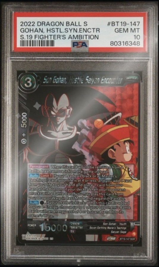 A PSA Gem Mint 10 graded 2022 Dragon Ball Super card featuring 'Son Gohan, Hostile Saiyan Encounter' (BT19-147) from the Fighter's Ambition set.
