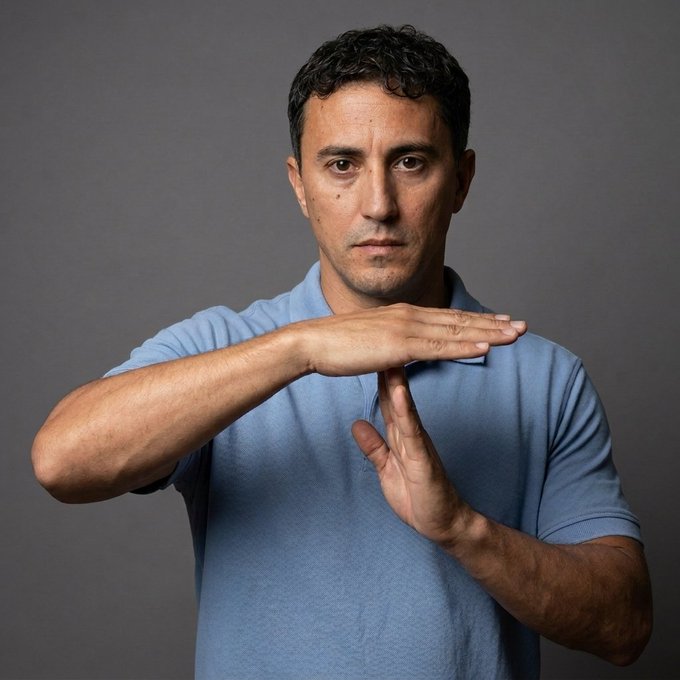 A middle-aged man with short dark hair in a light blue polo shirt stands against a gray background, gesturing with both hands crossed in front of his face.