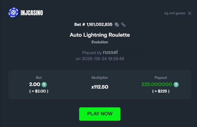 Screenshot of an 'INJ.CASINO' bet slip for Bet #1,161,052,835 on Auto Lightning Roulette, placed by 'russel' for 2.00 T betting on a multiplier of x112.50 with a payout of 225.000000 T.