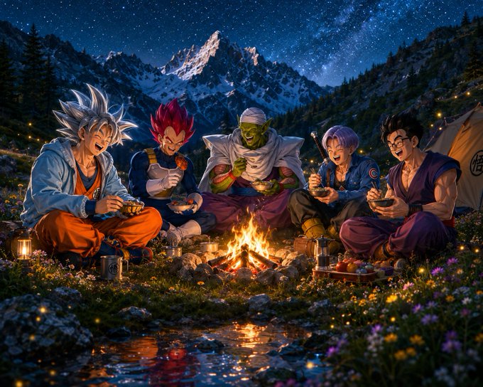 A fantasy illustration depicting anime characters resembling Goku (both Super Saiyan and Super Saiyan God forms), Piccolo, Trunks, and Gohan sitting around a campfire at night in a mountainous, starry landscape, sharing food and laughing together.