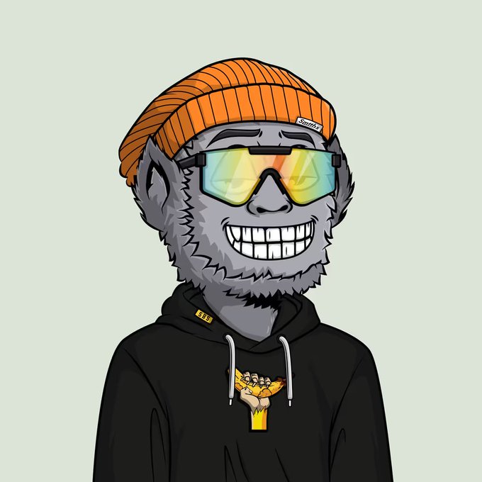 A cartoon-style illustration of a gray monkey wearing an orange beanie, reflective yellow sunglasses, and a black hoodie featuring a yellow banana logo and "SSR" tag, grinning widely. The image ties to the post's caption by showcasing the "orange beanie" added to the collection, while the monkey character and ape-themed branding align with the @ApeChainHUB community.