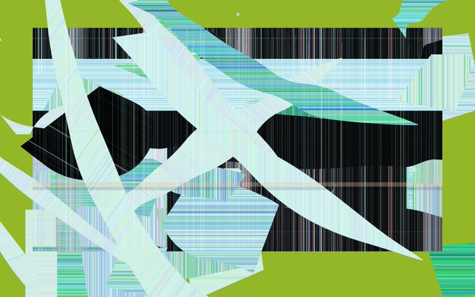 An abstract or glitched digital image with sharp, geometric shards in shades of light green, black, and blue.