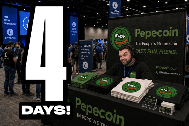 The image shows a man sitting at a table displaying four piles of T-shirts with green faces printed on them, likely promoting Peecoon coins or related merchandise at an event. The post suggests that there are only 4 days left until the LTC summit, making the promotional display even more significant in light of upcoming events and deadlines.