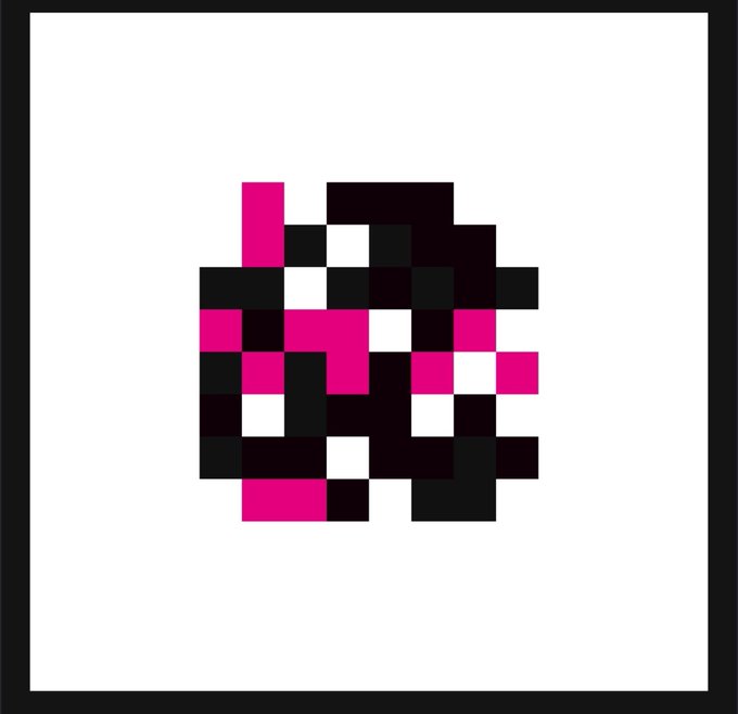 A pixel art graphic featuring a cluster of black, pink, and white squares on a white background.