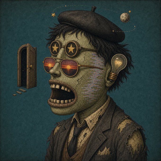 A surreal illustration of a weathered figure wearing a beret, star-shaped novelty sunglasses, and sunset-reflecting aviators, with a lightbulb for an ear and a small door floating beside an open mouth, set against a teal background.