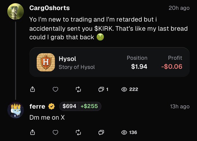 The image shows a Reddit comment thread where user "Carg0shorts" describes accidentally sending $KIRK to another user, while "ferre" (with a $694 portfolio, +$255) replies simply "Dm me on X." The comments directly contrast the honest request for the returned funds with the opportunistic response, illustrating the moral dilemma referenced in the post about whether to return accidentally-sent crypto or keep it.