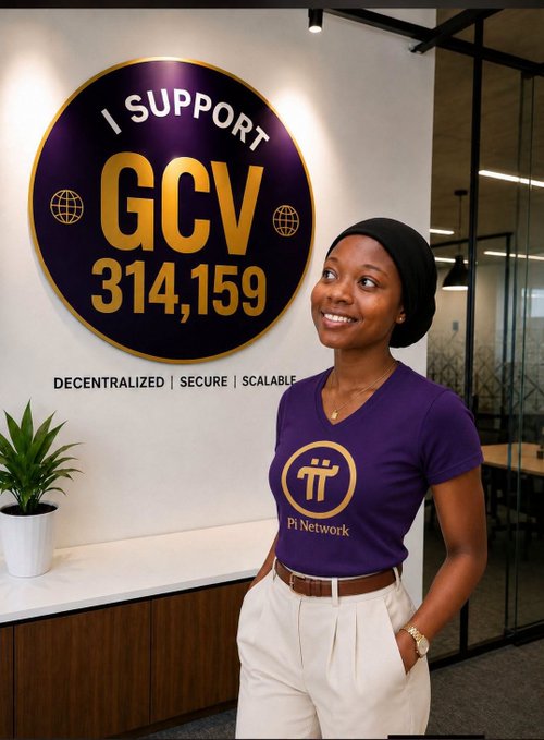 A woman in a purple 'Pi Network' t-shirt stands in an office next to a circular sign reading 'I SUPPORT GCV 314,159' with 'DECENTRALIZED | SECURE | SCALABLE' beneath.