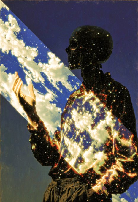 A surreal photo manipulation artwork showing a silhouetted figure filled with a starry galaxy pattern, appearing to hold or merge with a beam of Earth seen from space with bright clouds and blue oceans.