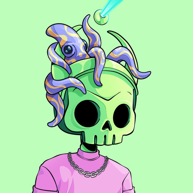 A cartoon illustration of a green skull-headed character wearing a pink shirt and chain necklace, with a purple octopus-like creature emerging from the top of its head.