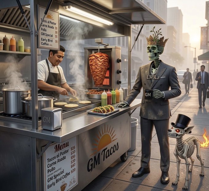 A surreal AI-generated scene of a street taco stand named "GM Tacos" featuring a chef preparing food next to a skeleton in a pinstripe suit with a crown and "GM" on its chest, accompanied by a skeletal dog wearing a top hat.