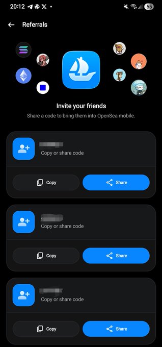 The image shows an advertisement for a mobile app called "OpenSea Mobile" that allows users to share their code with others. The app has been referred by several people, including a person named "Glad to be one of them". There are multiple buttons on the screen displaying different options related to sharing codes and connecting with other users.