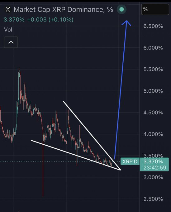 The image shows a trading chart for Ripple Cryptocurrency being displayed with a blue line pointing down, indicating a downward trend. The text on the chart reads "XRP DOMINANCE," which implies that the value of Ripple has been consistently increasing over time. The text also states that "3.37% 0.03h (1 day)", showing the price change in cents per day, and the text "VOL = 1.00% (2 days)". This information suggests that someone is actively trading Ripple Cryptocurrency, possibly aiming to buy more shares when the price is low or sell existing shares when it rises in value over time.