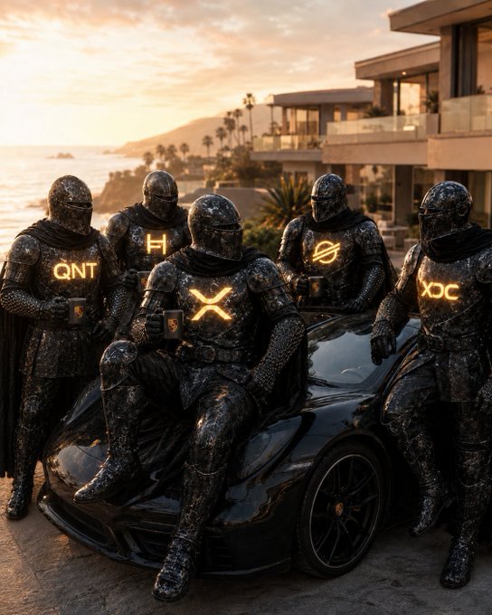 Five armored knights bearing glowing crypto symbols (QNT, H, X, XRP, and XDC) gather around a luxury sports car at a coastal mansion, visually embodying the post's message of genuine camaraderie and shared purpose within the crypto community beyond financial gains.