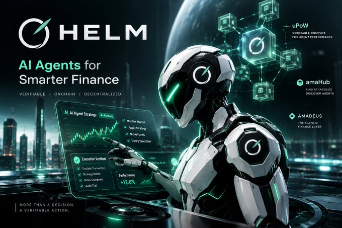 A futuristic advertisement for 'HELM - AI Agents for Smarter Finance' showing a robotic figure with verification metrics, uPoW, amaHub, and AMADEUS logos.
