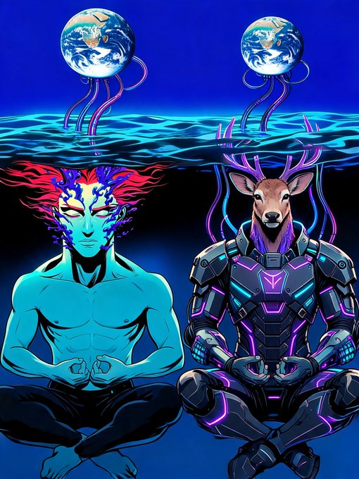 Two figures—one a glowing blue-skinned humanoid with flowing red and purple hair, the other a deer in futuristic neon-lit cybernetic armor—meditate cross-legged beneath a cosmic scene where two Earths dangle like jellyfish on glowing tendrils over shimmering water. The surreal, otherworldly imagery evokes a spiritual recharging of energy from the universe, fitting the post's theme of deep meditation and cosmic connection.