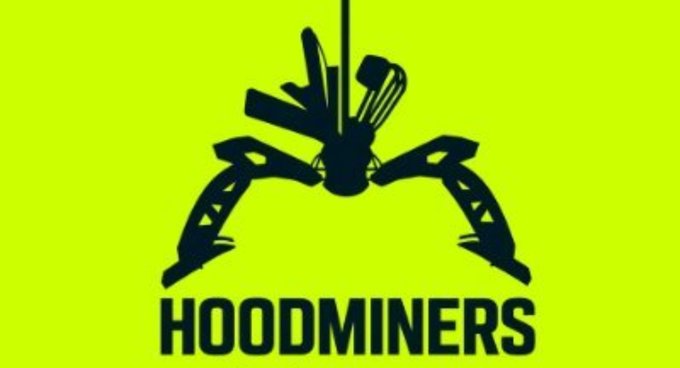 Logo graphic for 'HOODMINERS' featuring a black pickaxe with mining tools crossed inside its arc on a bright yellow-green background.