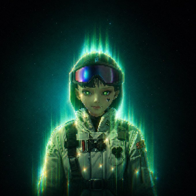 A digital artwork of an anime-style character wearing a futuristic hooded suit and ski goggles, surrounded by a glowing green aurora against a dark starry background.