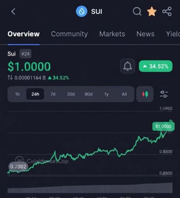 A CoinMarketCap screenshot showing the SUI cryptocurrency price at $1.0000, up 34.52% over 24 hours, with a green upward trending chart.