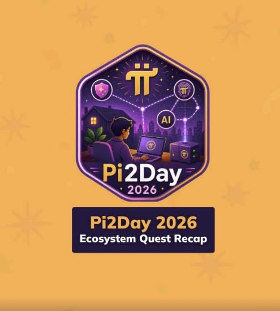 This image is a promotional graphic for "Pi2Day 2026 Ecosystem Quest Recap," featuring a hexagonal badge with the Pi (π) logo, a person working on a laptop with Pi branding, and icons representing AI, security, and computing—visually reinforcing the post's message about Pi's integrated ecosystem of identity verification (Pi Verify), cross-app sign-in (Pi Sign-In), and decentralized computing (SoloHost).