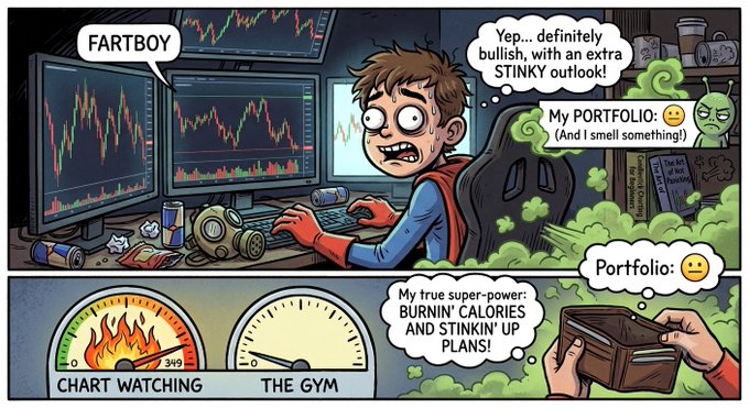 A comic strip labeled 'FARTBOY' shows a wide-eyed young trader at a multi-monitor trading desk emitting green stink clouds, while the bottom panel compares 'CHART WATCHING' to 'THE GYM' with a speedometer and a wallet labeled 'Portfolio'.