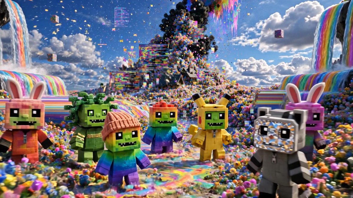 A colorful, whimsical 3D-rendered landscape featuring blocky, cartoonish characters in bright animal costumes standing in a field of rainbow-colored flowers, with a towering structure of blocks in the background, flying cubes, and rainbow waterfalls.