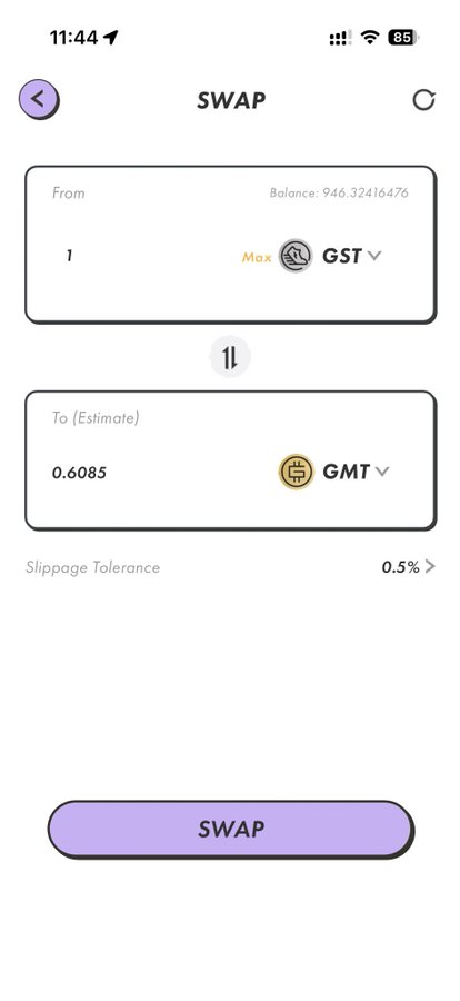 A mobile app screen showing a cryptocurrency swap interface, exchanging 1 GST token for an estimated 0.6085 GMT token, with a slippage tolerance of 0.5% and a balance of 946.32416476.
