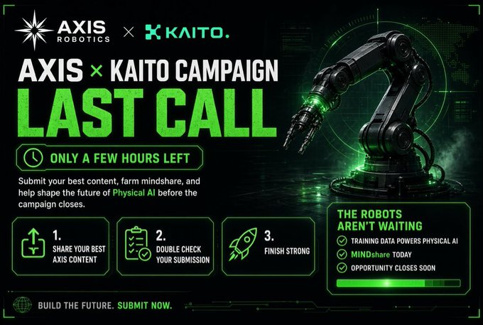 A promotional banner for the 'AXIS x KAITO CAMPAIGN' with 'LAST CALL' urgency, urging users to submit content before the deadline, featuring green neon styling and a robotic arm.