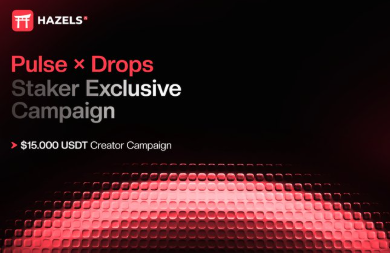 Promotional graphic for 'HAZELS' Pulse x Drops Staker Exclusive Campaign' offering '$15,000 USDT Creator Campaign' against a dark background with red pill-like pattern.