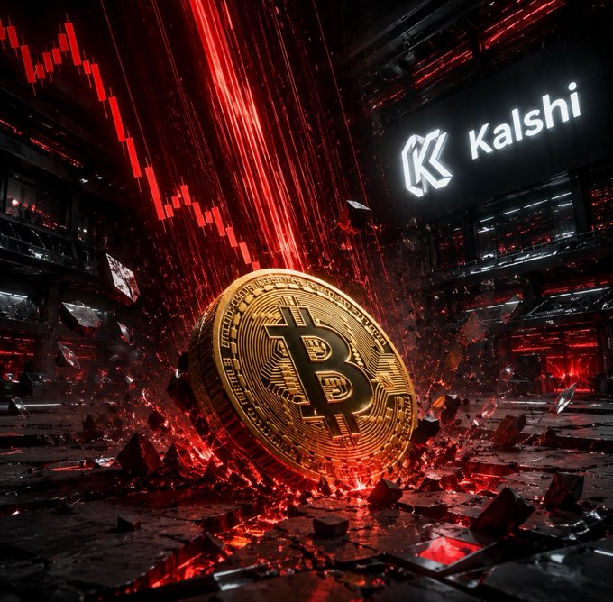 A glowing gold cryptocurrency coin emblazoned with the Bitcoin "B" symbol crashes through a dark, red-lit industrial setting, with the "Kalshi" logo illuminated in the background alongside plunging red candlestick charts. The dramatic imagery visually reinforces the post's message of a predicted Bitcoin price crash to $56,000, reflecting traders' bearish sentiment on the platform.
