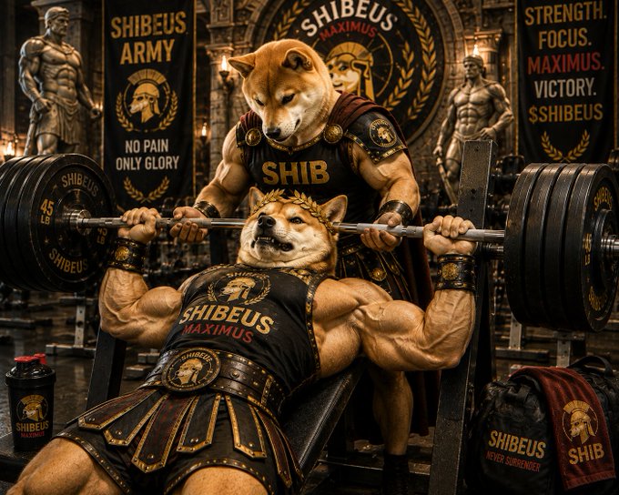 An elaborate digital artwork depicts anthropomorphic Shiba Inu dogs dressed as Spartan gladiators in a gym setting, with visible text including 'SHIBEUS ARMY', 'NO PAIN ONLY GLORY', 'SHIBEUS MAXIMUS', 'STRENGTH FOCUS MAXIMUS VICTORY SHIBEUS', 'SHIB', and 'SHIBEUS NEVER SURRENDER'.