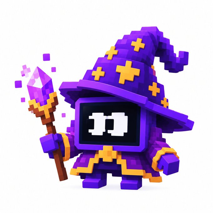 A pixel-art style 3D rendering of a cute purple wizard character wearing a star-patterned hat and holding a glowing purple crystal staff.
