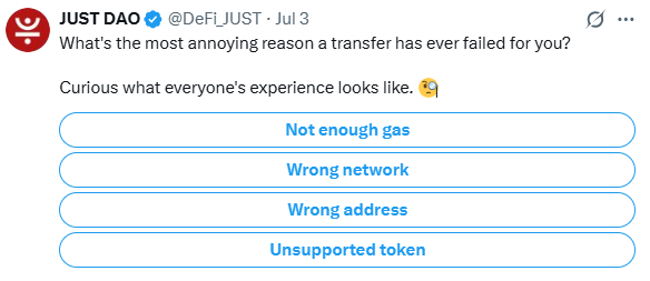 Tweet from Just DAO (@DeFi_JUST) asking about the most annoying reason a crypto transfer has failed, with poll options: Not enough gas, Wrong network, Wrong address, Unsupported token.