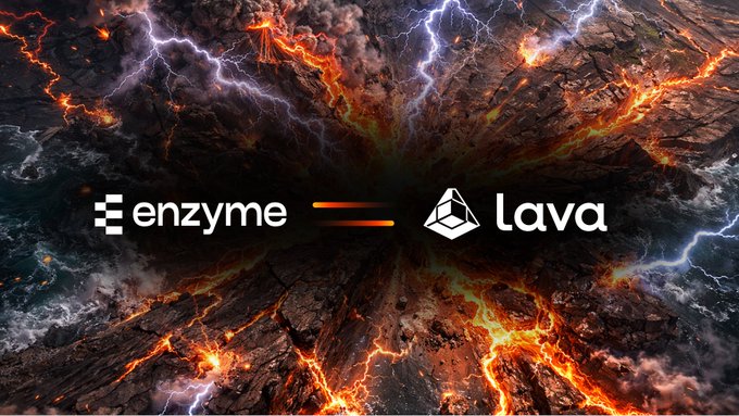 A promotional graphic shows the 'enzyme' logo equating to the 'lava' logo against a dramatic backdrop of erupting lava and lightning.