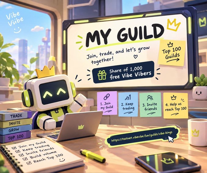 A colorful 3D illustration of a robot character at a desk promoting 'MY GUILD' for Vibe Vibe, listing steps to join, trade, invite friends, and reach the top 100 guilds.