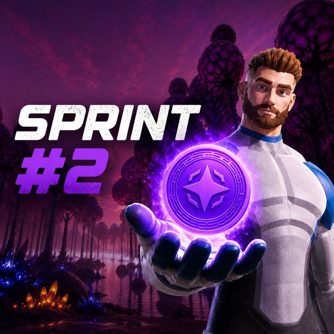 A promotional thumbnail titled 'SPRINT #2' featuring a 3D animated bearded man holding a glowing purple coin-like token against a vibrant purple forest backdrop.
