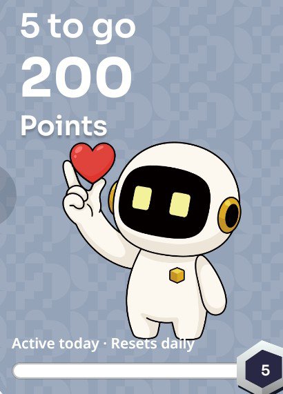 An app screen showing '5 to go 200 Points' with a cute white robot mascot holding a red heart, indicating 'Active today - Resets daily' on a blue patterned background.